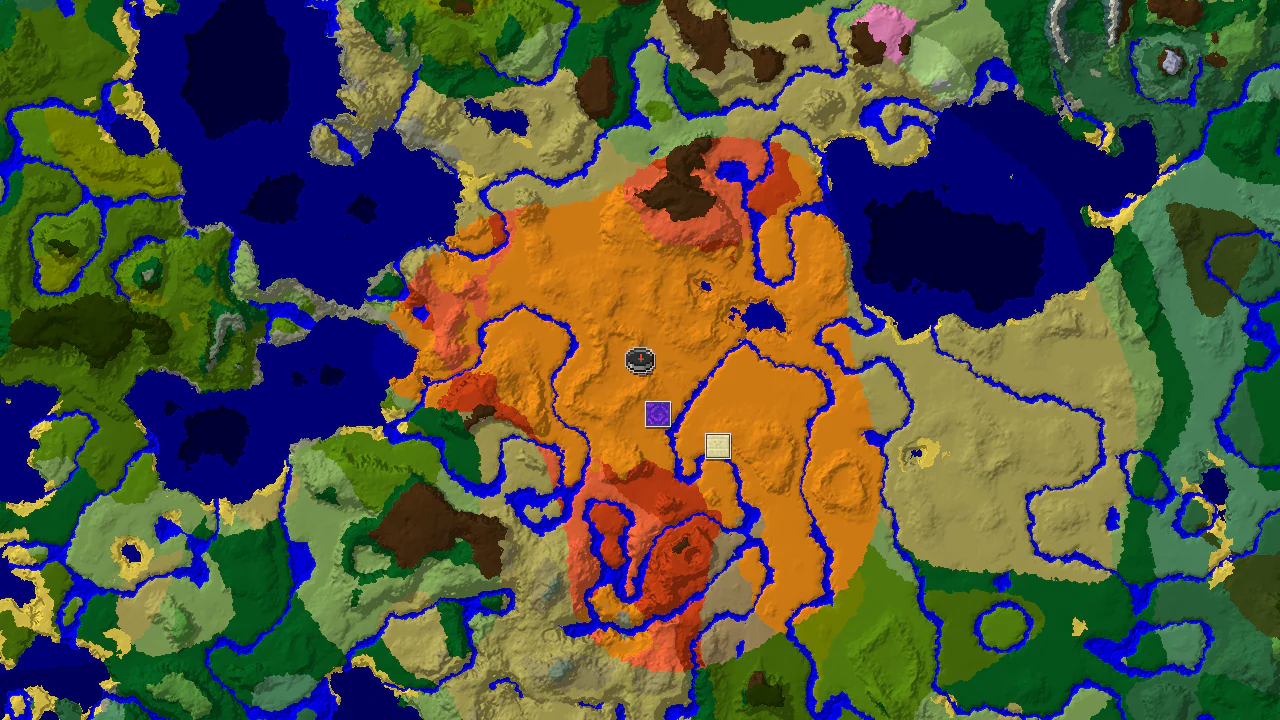 A 2D biome map centered on spawn, showing a desert spawn, a village marker to the southeast, and surrounding biomes including river, badlands, and savanna.