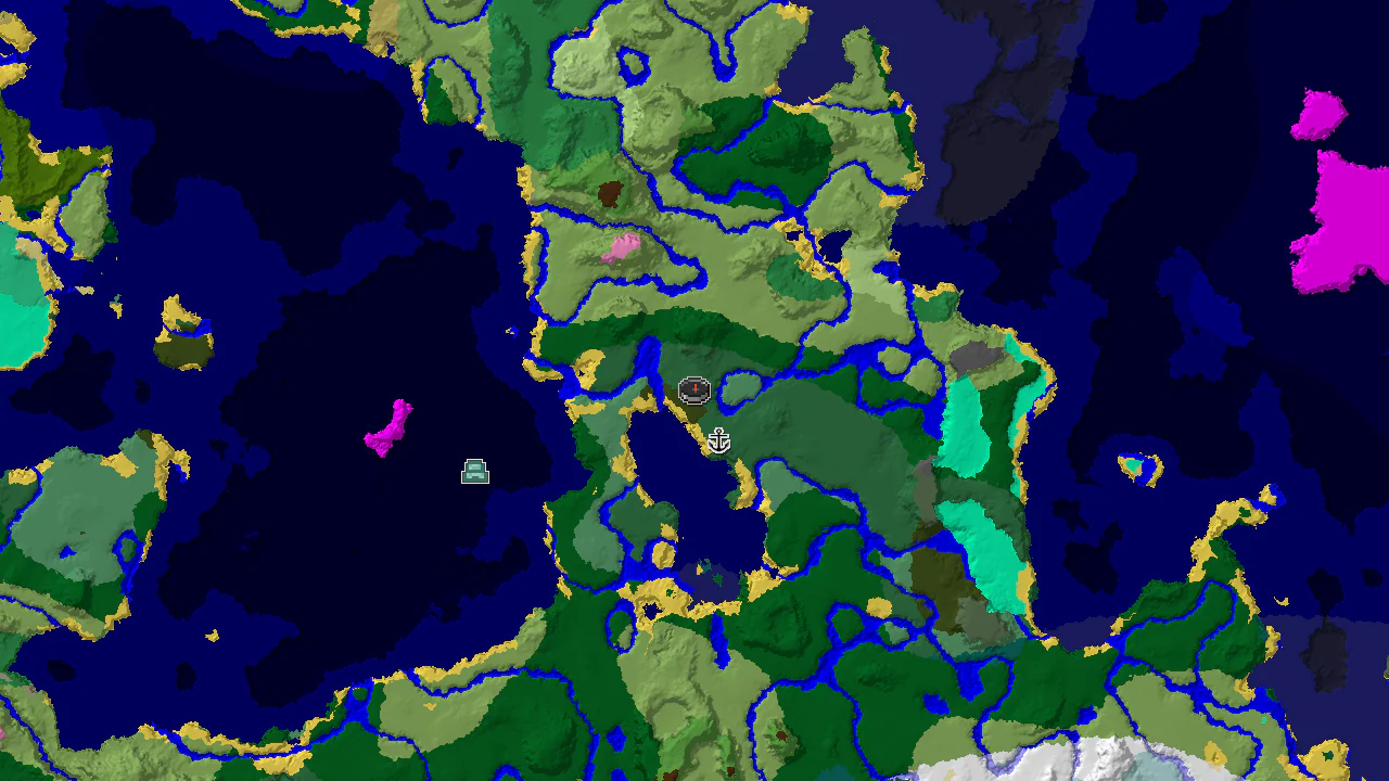 A top-down 2D biome map centered on spawn, showing a Birch Forest with nearby Ocean, Forest, and Plains biomes, and markers for a shipwreck and an ocean monument.