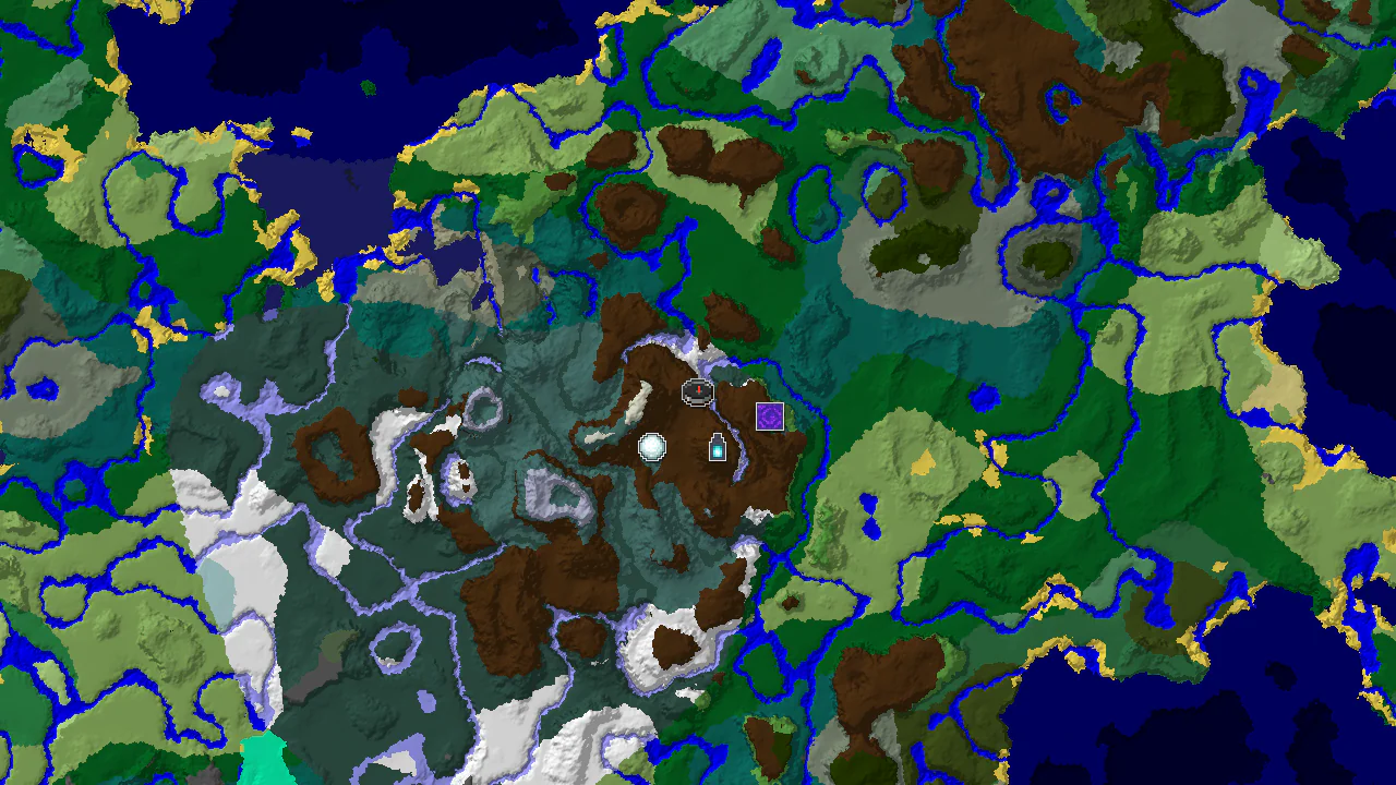 A top-down 2D biome map centered on spawn, showing snowy plains, taiga, and grove biomes with markers for an Ancient City, Ruined Portal, and Igloo.