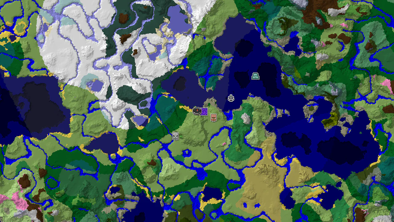 A 2D biome map centered on the spawn point, showing nearby structures including a village and a ruined portal.