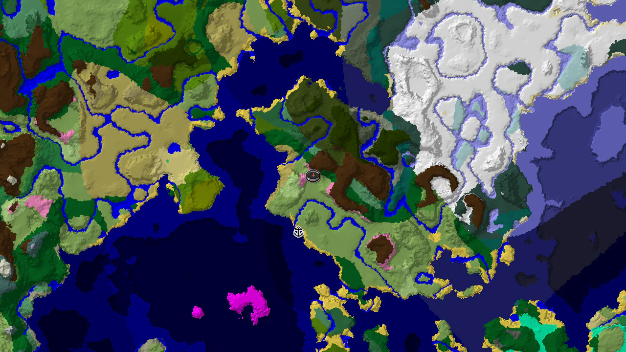 A top-down 2D biome map centered on spawn, showing plains, forest, and ocean biomes, with markers for spawn and a shipwreck.