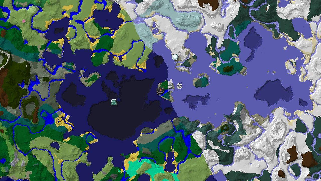A 2D map of Minecraft biomes centered on the spawn point, with markers for a shipwreck and an ocean monument.