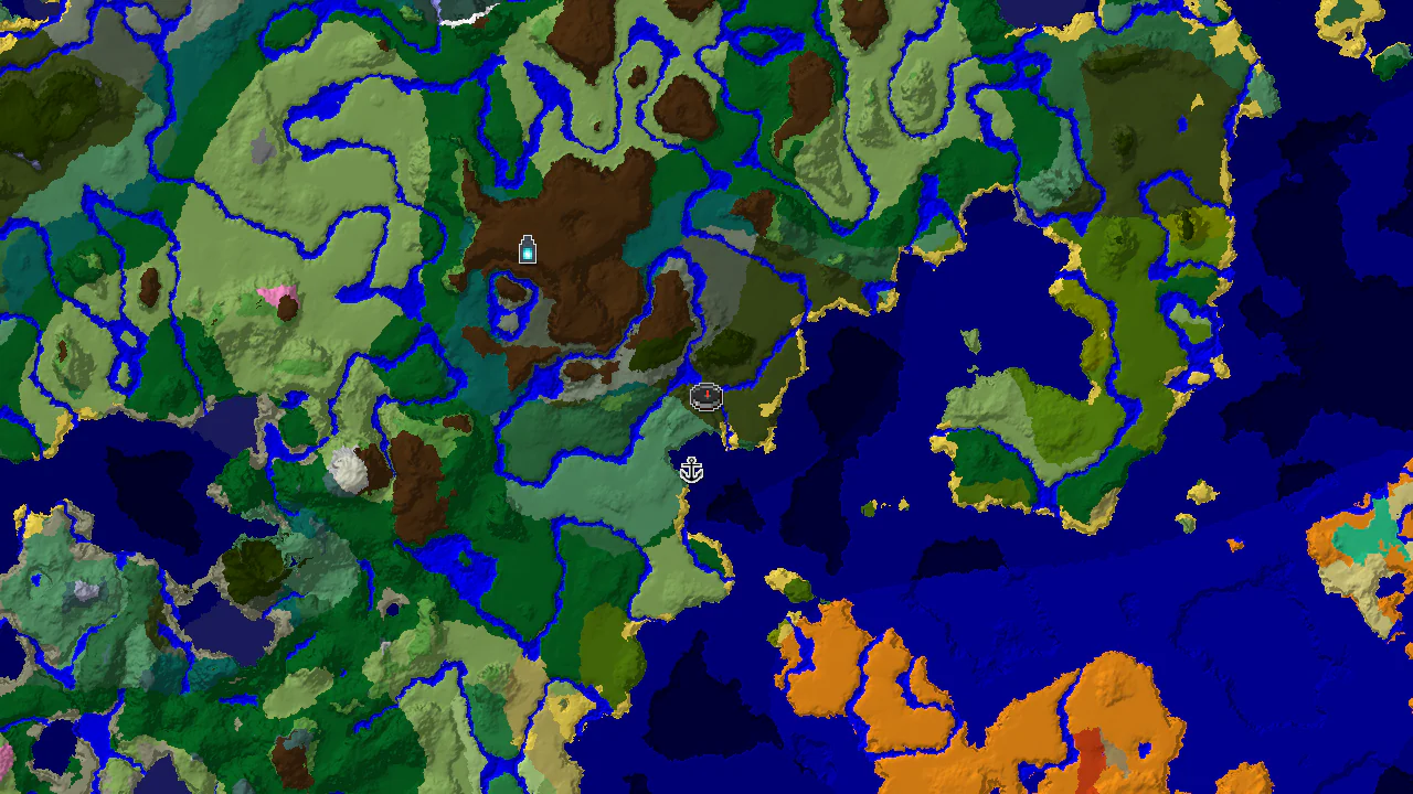 A 2D biome map centered on spawn, showing dark forest, river, and various oceans, with markers for a shipwreck and an ancient city.