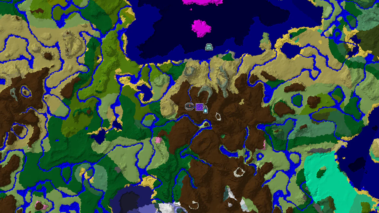A 2D biome map centered on spawn, showing savanna, forest, and plains, with markers for a nearby ancient city and ruined portal.