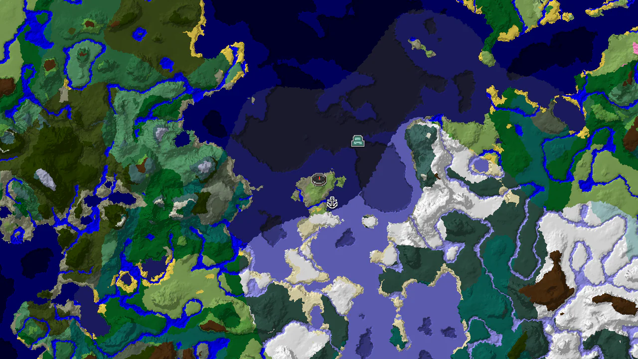 A top-down 2D biome map centered on spawn, showing a spawn marker and markers for a shipwreck and an ocean monument.