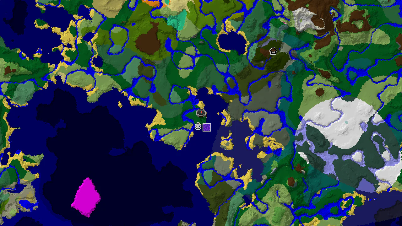 A top-down 2D biome map centered on spawn, showing a nearby shipwreck, ruined portal, and a distant woodland mansion.