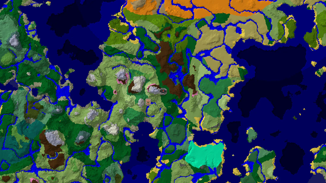 A 2D biome map centered on spawn, showing forest, plains, and snowy slopes, with markers for a village and a cherry grove.