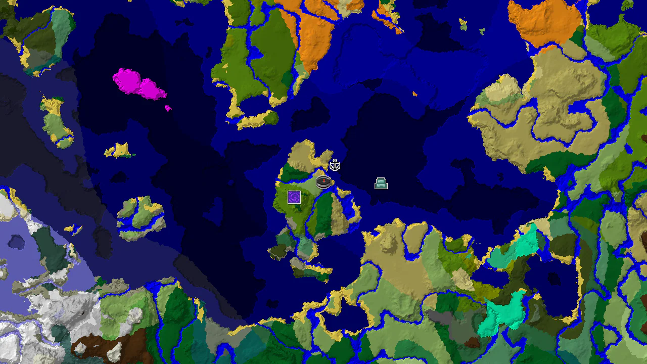 A 2D top-down biome map centered on the spawn point, with markers for a shipwreck, a ruined portal, and an ocean monument.