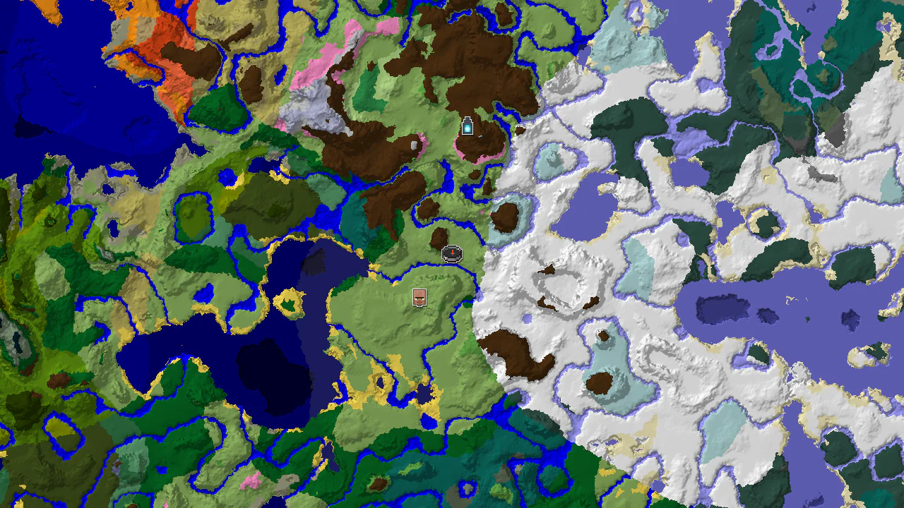 A top-down 2D biome map centered on spawn, showing plains, snowy plains, and ice spikes, with markers for a village and an ancient city.