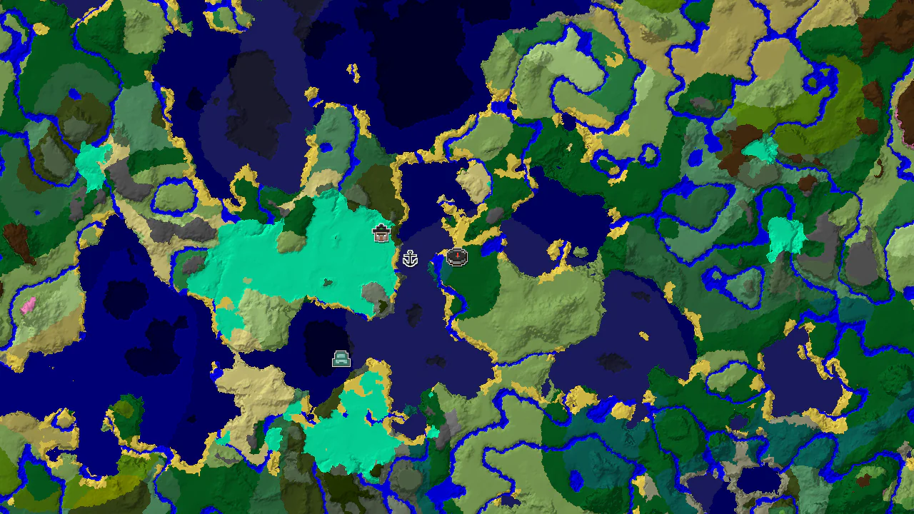 A 2D biome map centered on spawn, showing forest, cold ocean, and plains, with markers for a shipwreck and witch hut.