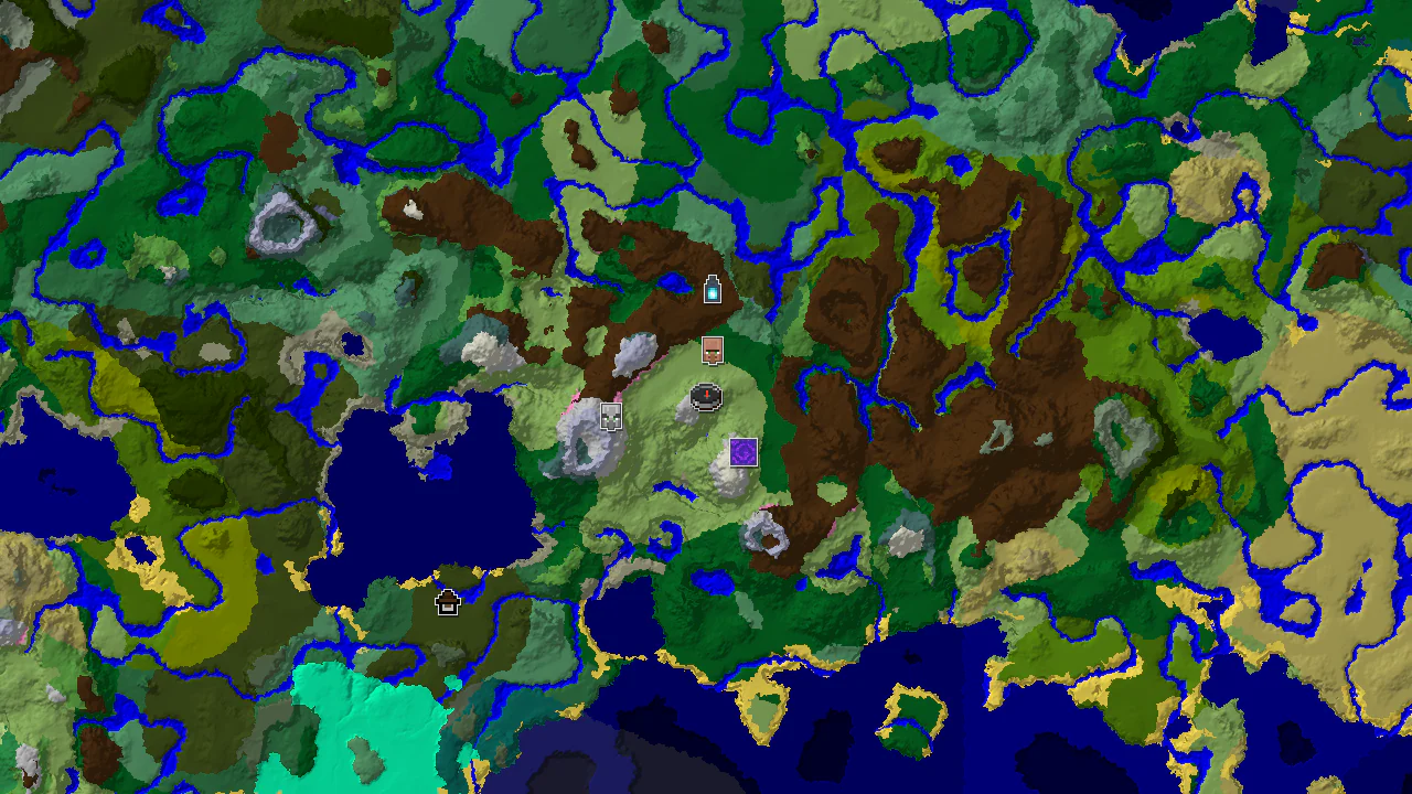 A 2D biome map centered on spawn, showing snowy slopes, plains, and forest, with markers for a village, ruined portal, and ancient city.