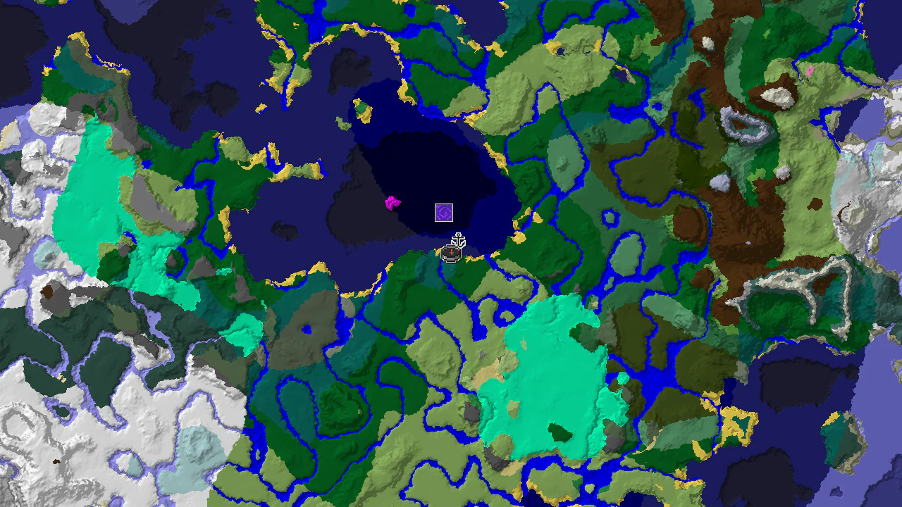 A 2D biome map centered on spawn, showing a Taiga biome at spawn, a Shipwreck to the southwest, and a Ruined Portal to the north.