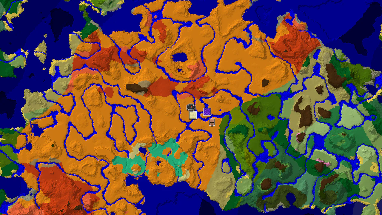 A top-down 2D biome map centered on the spawn point, showing Desert, River, and Badlands biomes, with markers for a Desert Pyramid and a Ruined Portal.
