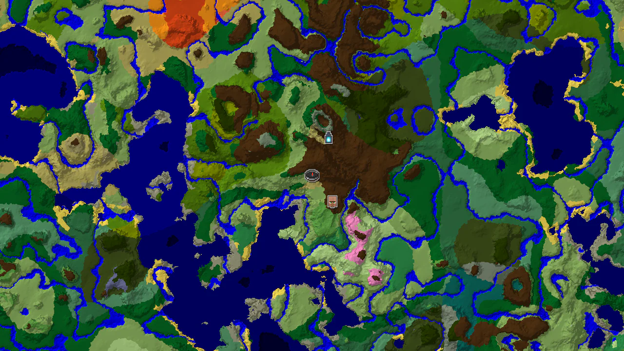 A 2D biome map centered on spawn, showing a savanna biome at the spawn point, with markers for a village and an ancient city.