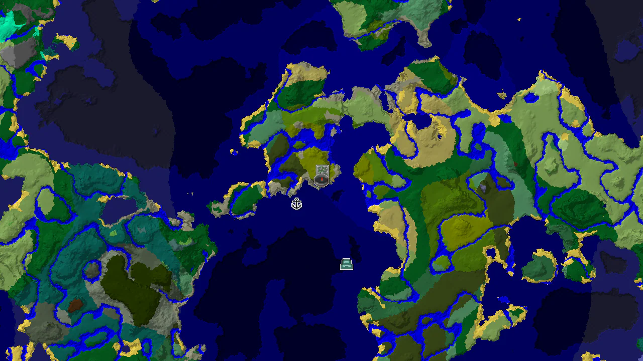 A 2D biome map centered on the spawn point, showing the surrounding biomes and marked structures.