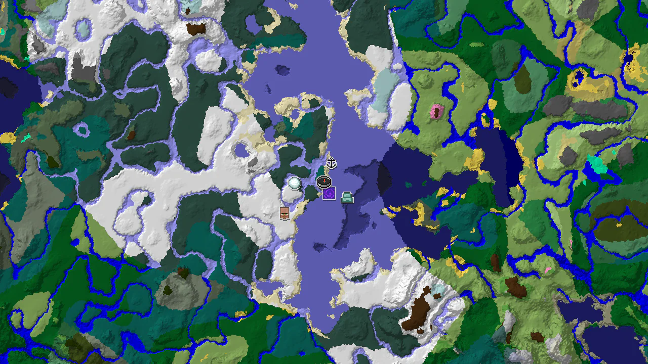 A top-down 2D biome map centered on spawn, showing a spawn marker and nearby structure markers for a ruined portal, shipwreck, and ocean monument.