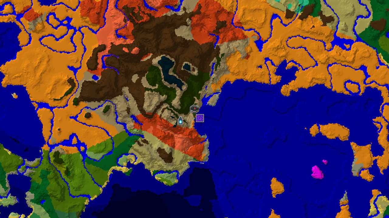 A 2D biome map centered on spawn, showing Wooded Badlands, Warm Ocean, and Desert, with markers for a Ruined Portal and an Ancient City.