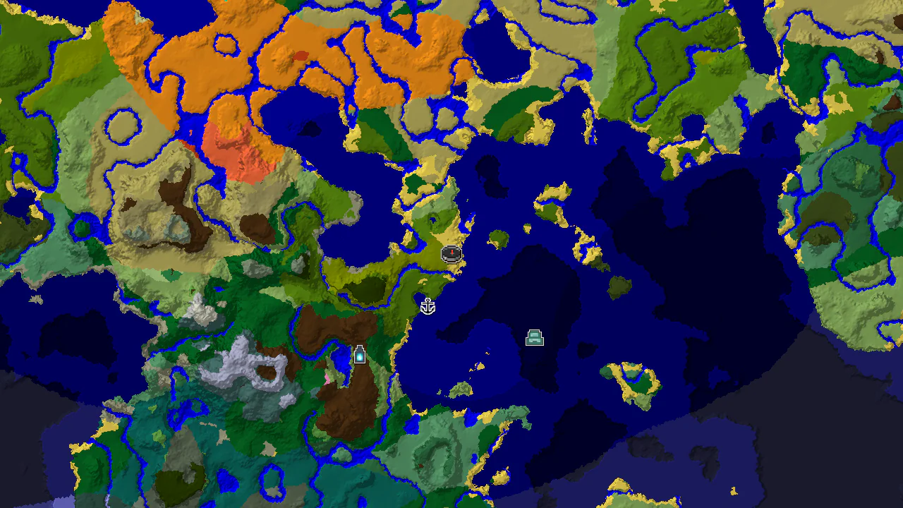 A 2D top-down biome map centered on spawn, showing a Bamboo Jungle spawn, with a shipwreck marker to the northwest and an ocean monument marker to the southeast.