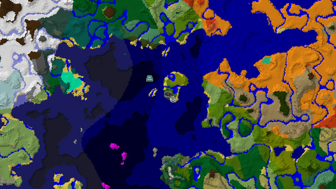 A top-down 2D biome map centered on spawn, showing a shipwreck to the east and an ocean monument to the southwest, surrounded by ocean and jungle biomes.