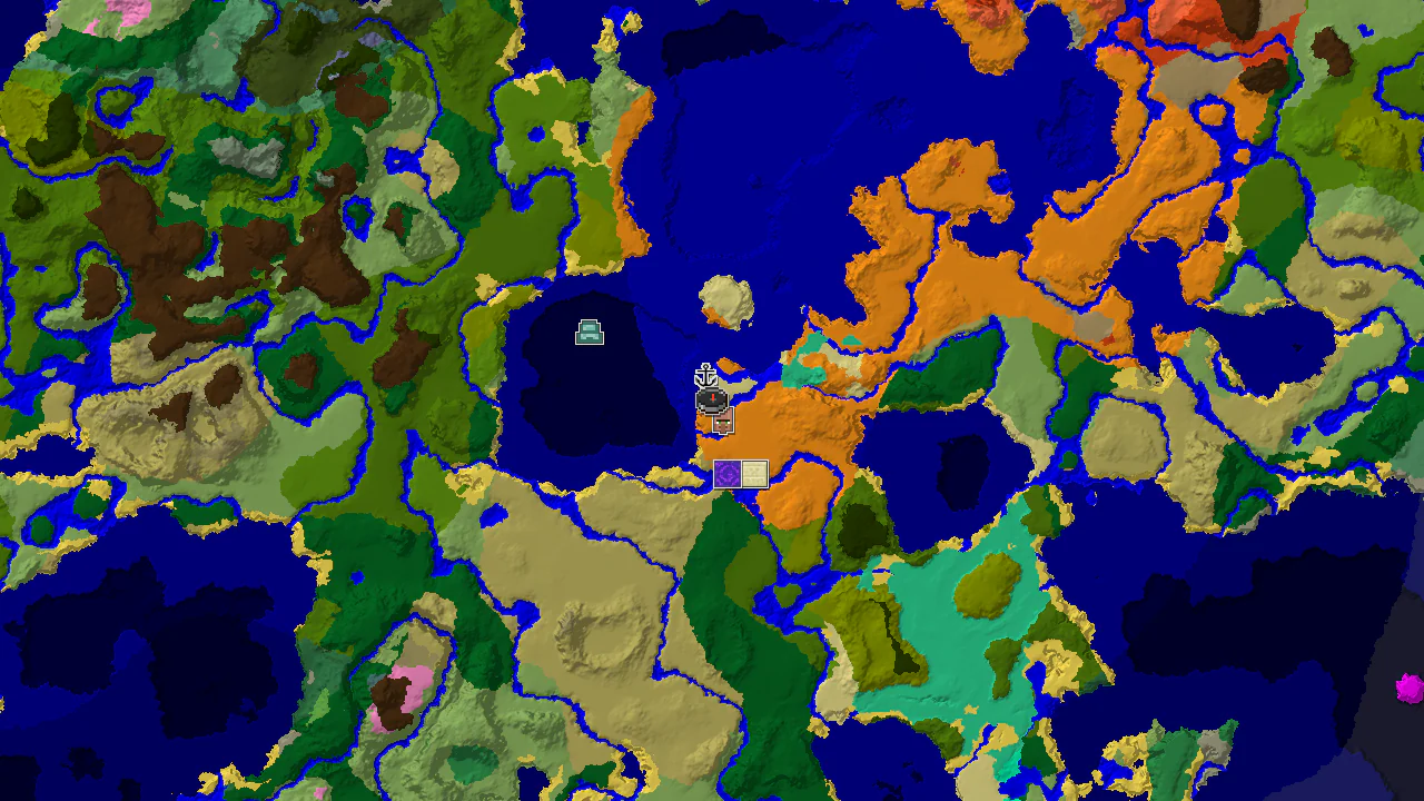 A 2D biome map centered on the spawn point, showing Desert, Warm Ocean, and River biomes, with markers for a nearby village and shipwreck.