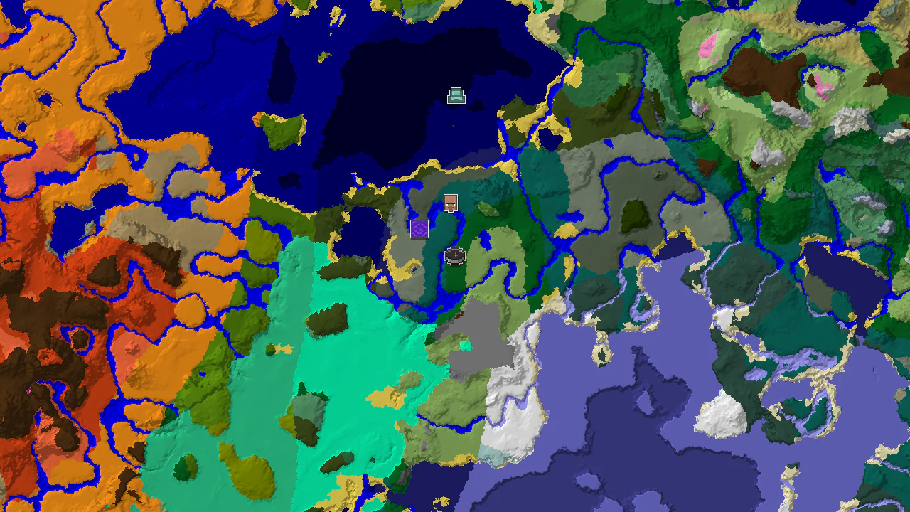 A 2D biome map centered on the spawn point, showing nearby forest, plains, and river biomes, with markers for a village and a ruined portal.