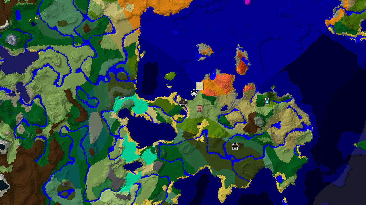 A 2D biome map centered on spawn, showing nearby Plains, Forests, and Oceans, with markers for an abandoned village and a shipwreck.