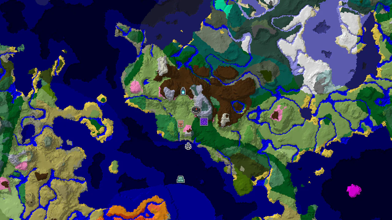 A top-down 2D biome map centered on spawn, showing Snowy Slopes, Plains, and Forest biomes, with markers for a nearby Ancient City, Village, and Ruined Portal.
