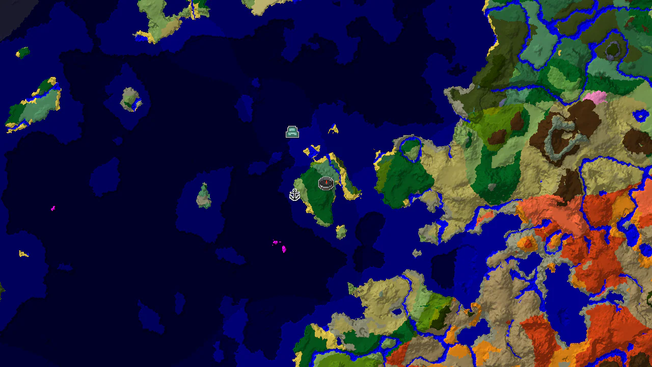 A 2D top-down biome map centered on the spawn point, showing nearby forest, ocean, and beach biomes, with markers for a shipwreck and an ocean monument.