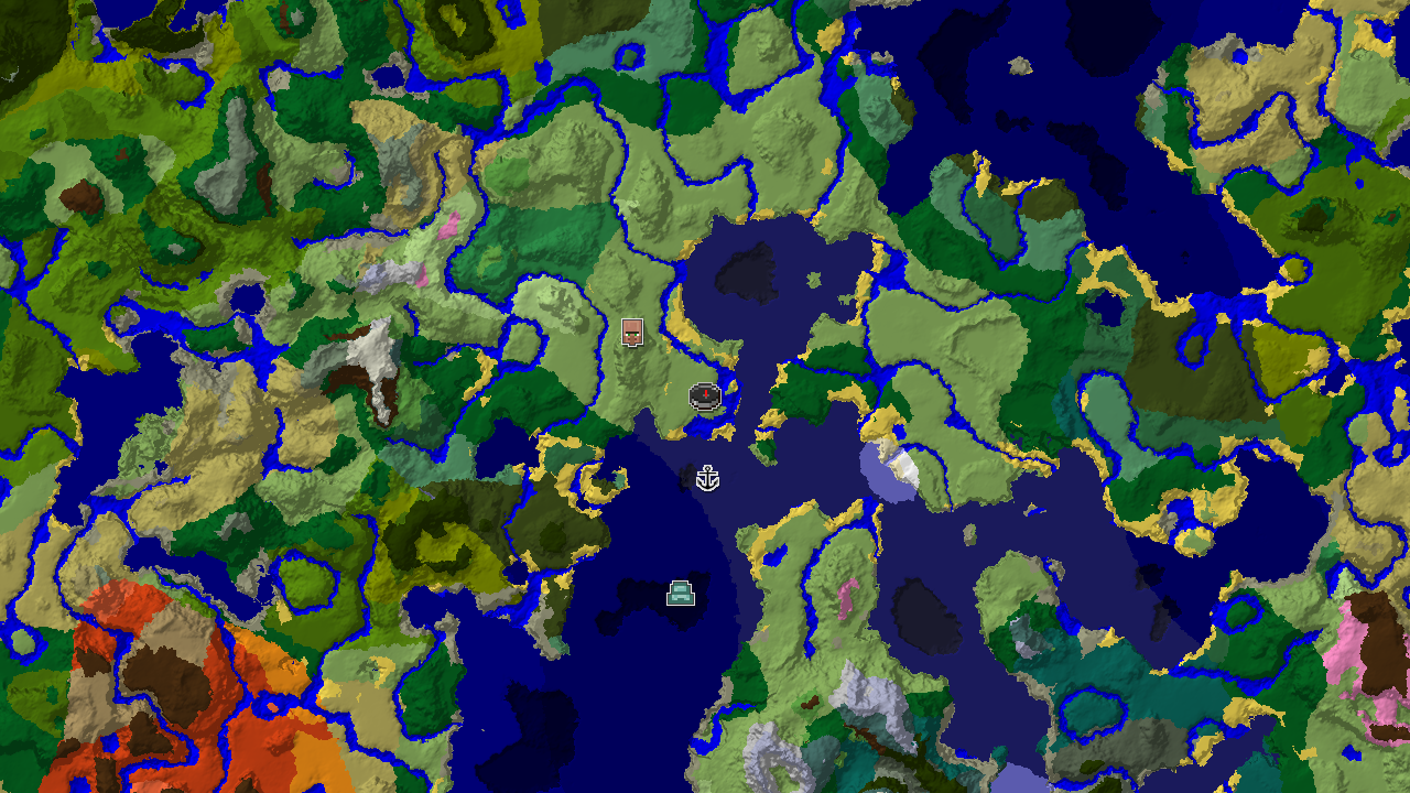 A 2D top-down biome map centered on the spawn point, showing nearby plains, river, and cold ocean biomes, with markers for a village and a shipwreck.