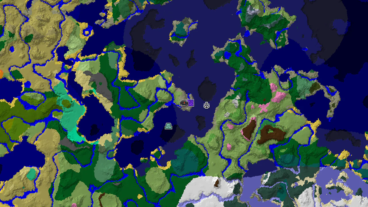 A top-down 2D biome map centered on spawn, showing plains, cold ocean, and forest biomes, with markers for a ruined portal, shipwreck, and ocean monument.