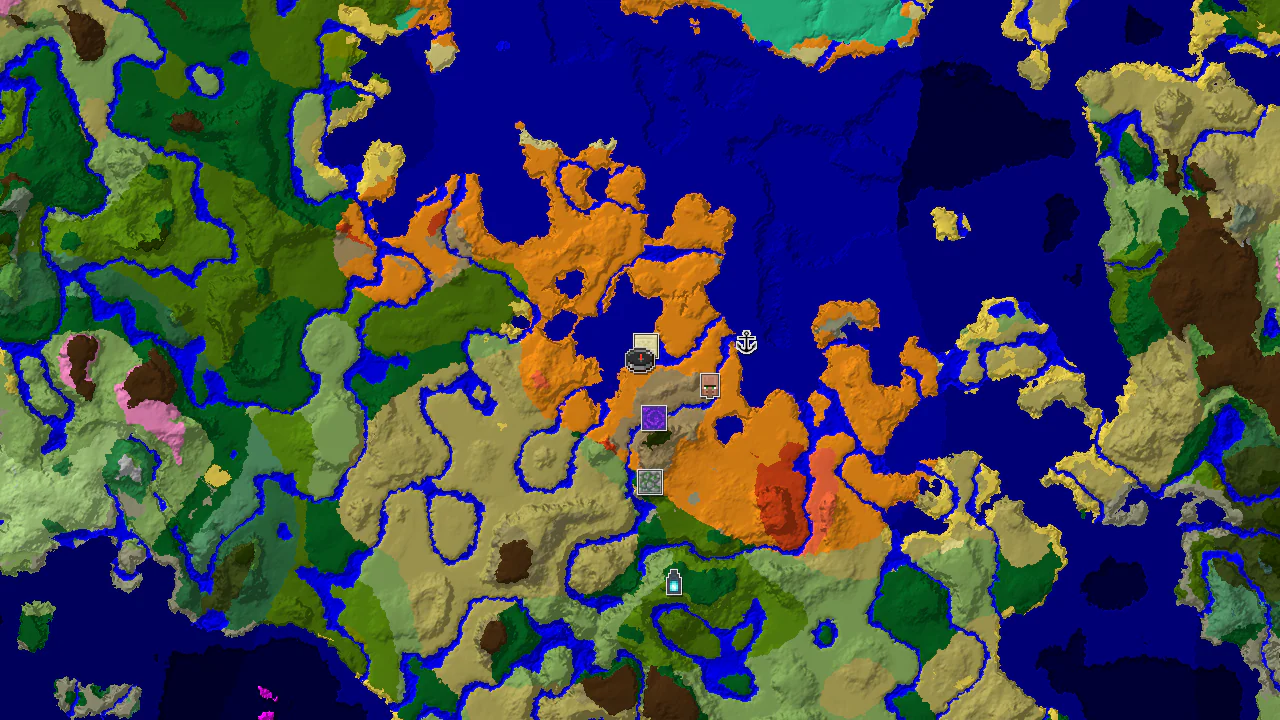 A 2D top-down biome map centered on the spawn point, showing deserts, rivers, and warm oceans, with markers for nearby structures.