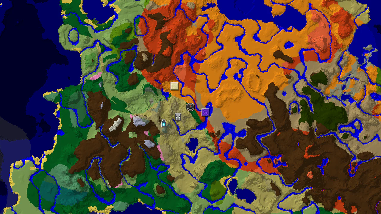 A 2D biome map centered on spawn, showing forest, desert, savanna, and badlands biomes, with markers for a ruined portal, pillager outpost, and an ancient city.