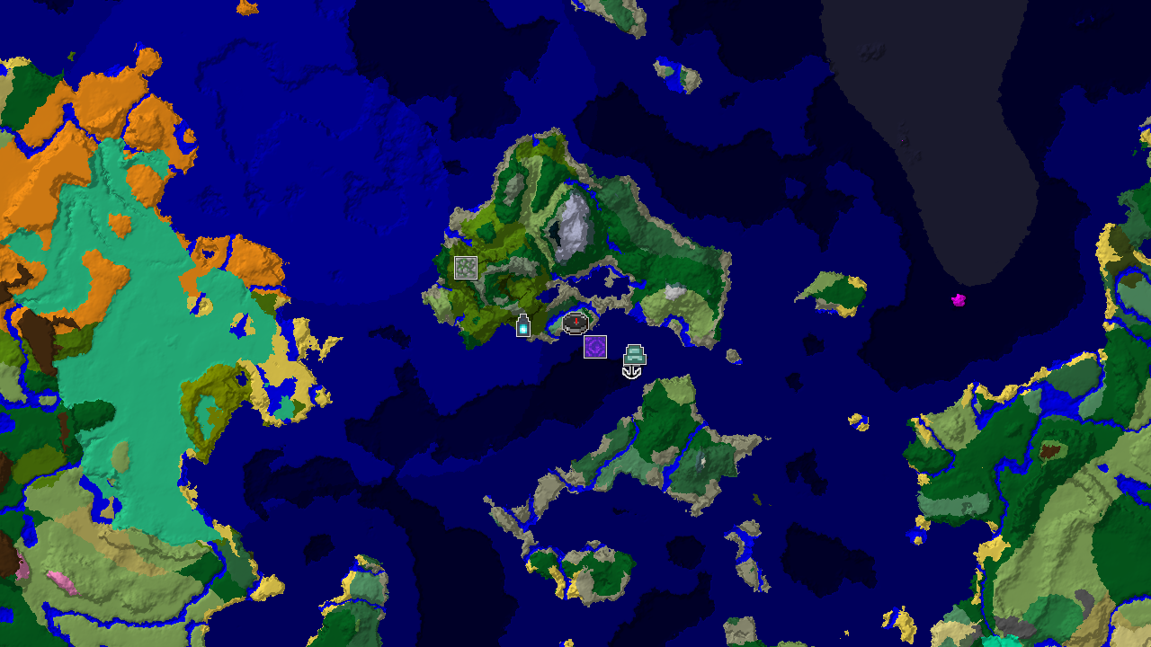 A top-down 2D biome map centered on spawn, showing an Ancient City to the west and ocean biomes to the east, with a spawn marker and structure markers.