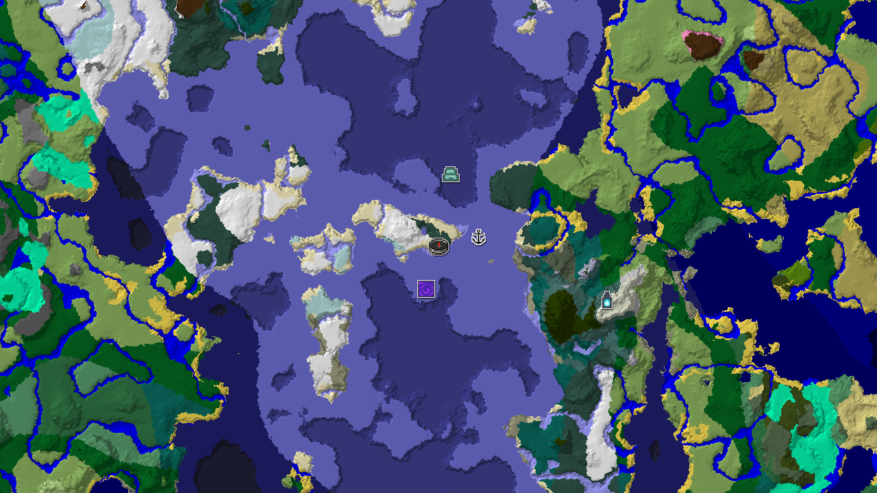 A 2D map of a snowy spawn area, showing a frozen ocean, a ruined portal, and a shipwreck nearby.