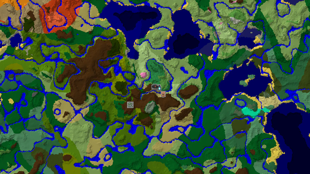 A 2D top-down biome map centered on spawn, showing a Flower Forest surrounded by Rivers, Savannas, and Forests, with markers for an Ancient City and a Zombie Village.