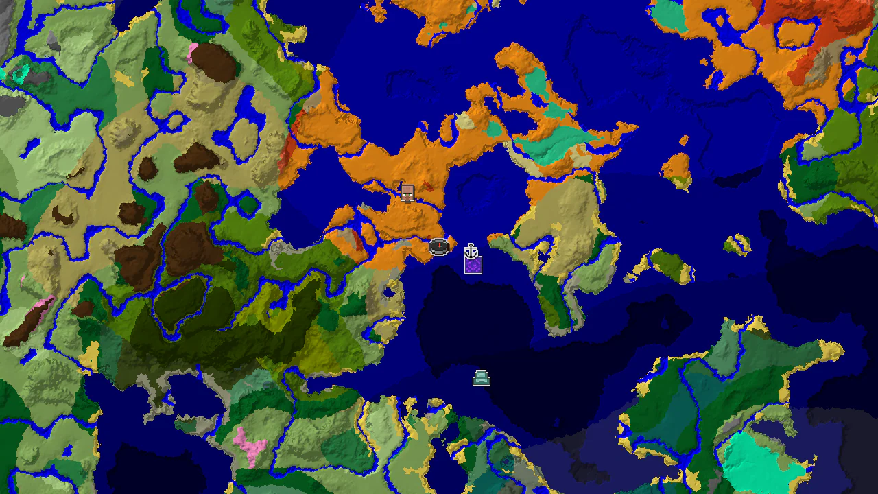A 2D biome map centered on the desert spawn, showing nearby warm ocean, badlands, and various structures.