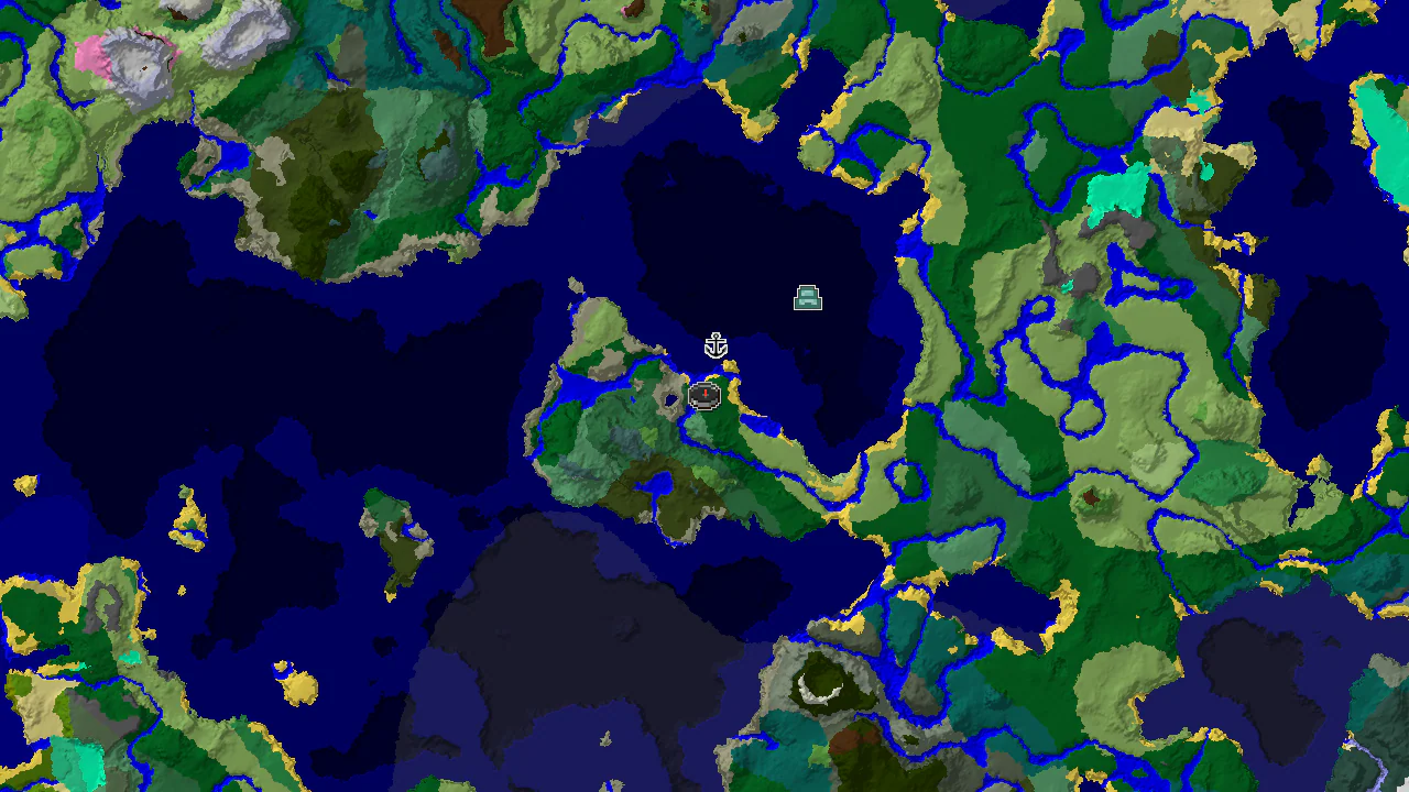 A 2D biome map centered on the spawn point, showing forest, river, and ocean biomes, with markers for a shipwreck and an ocean monument.