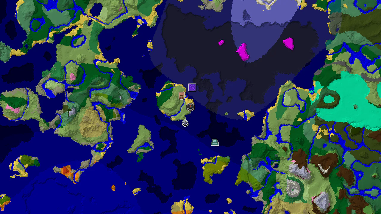 A 2D top-down biome map centered on spawn, showing a plains biome with nearby ocean, beach, and cold ocean, marked with structures including a village, shipwreck, and ruined portal.