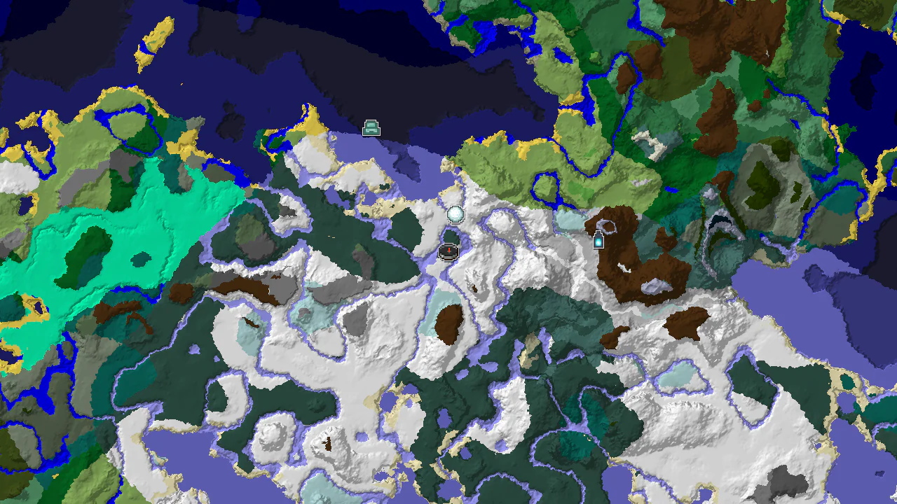 A 2D biome map centered on spawn, showing a large snowy biome with markers for an Igloo to the south and an Ancient City to the west.