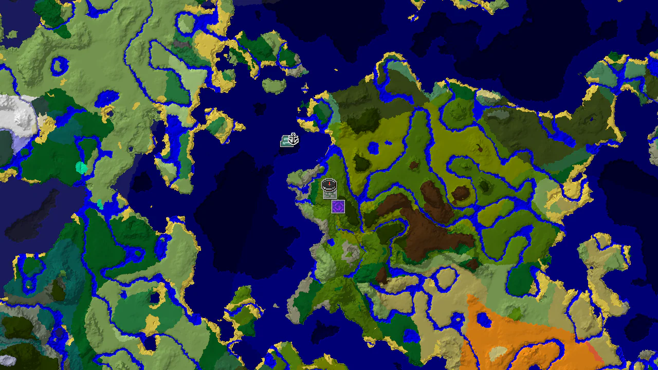 A 2D biome map centered on the spawn point, showing nearby jungle, ocean, and forest biomes, with markers for a jungle temple and ruined portal.