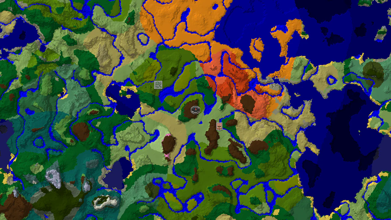 A top-down 2D biome map centered on spawn, showing forest, jungle, and plains biomes, with markers for a jungle temple and a village.