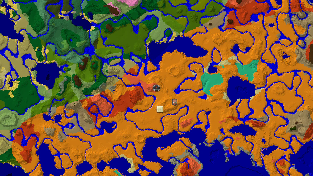 A top-down 2D biome map centered on the spawn point, showing Eroded Badlands, Desert, and River biomes, with markers for a nearby Desert Pyramid and Village.