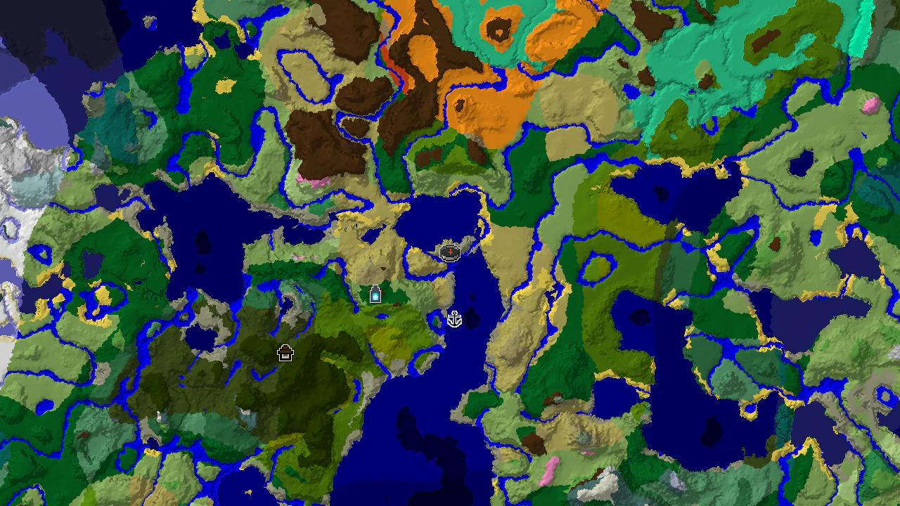 A top-down 2D biome map centered on spawn, showing a Stony Shore island, nearby Savanna, and markers for an Ancient City and Shipwreck.