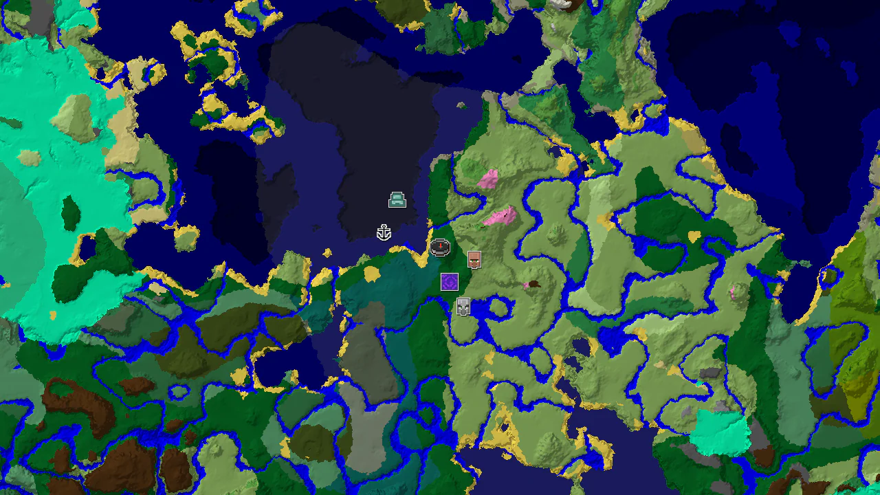 A 2D biome map centered on the spawn point, showing nearby forest, plains, and ocean biomes, with markers for a village and a ruined portal.
