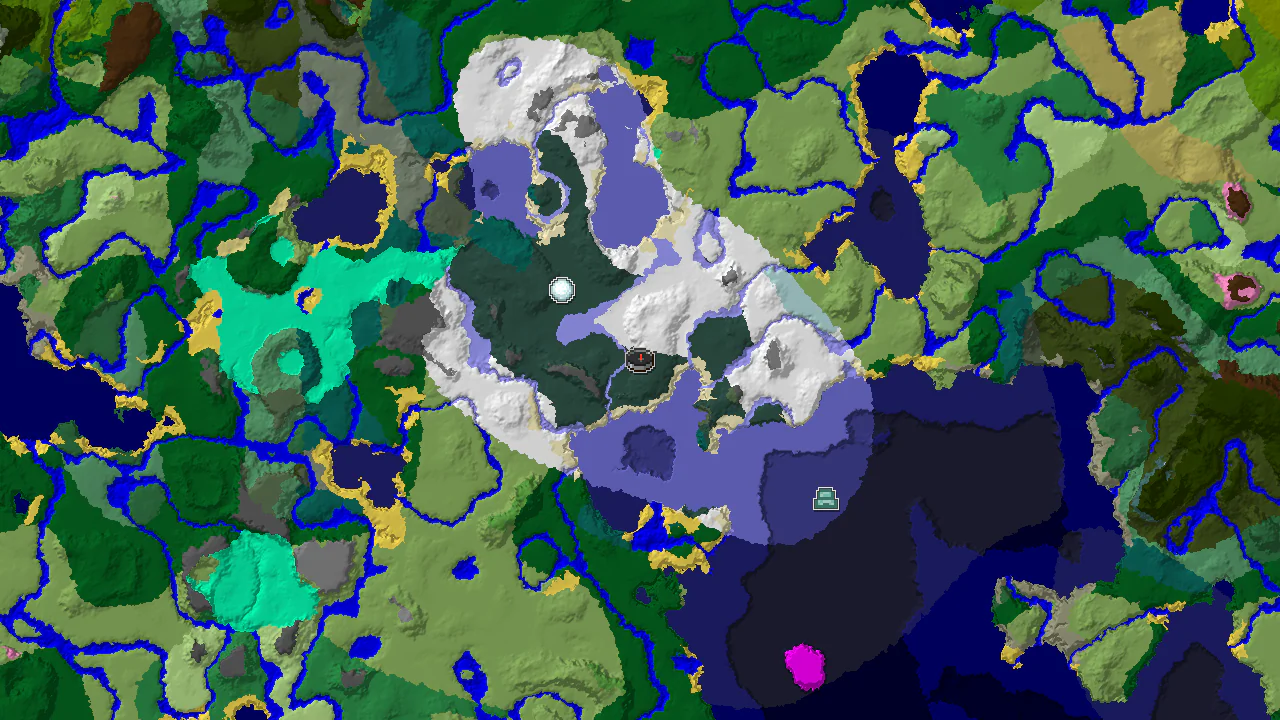 A 2D biome map centered on spawn, showing large areas of snowy biomes, a nearby Igloo marker, and a distant Ocean Monument marker.