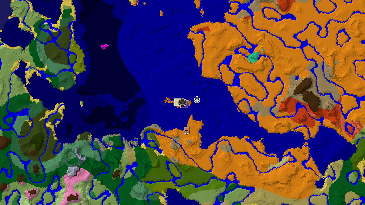 A 2D biome map centered on spawn, showing a desert biome with nearby ocean and jungle areas, and markers for a ruined portal, desert pyramid, and shipwreck.