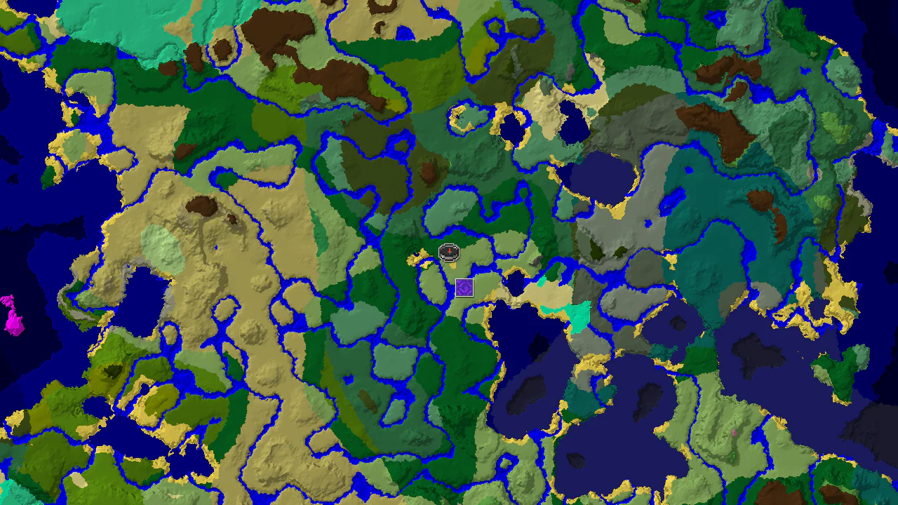 A top-down 2D biome map centered on the spawn point, with markers for the spawn location and nearby structures.