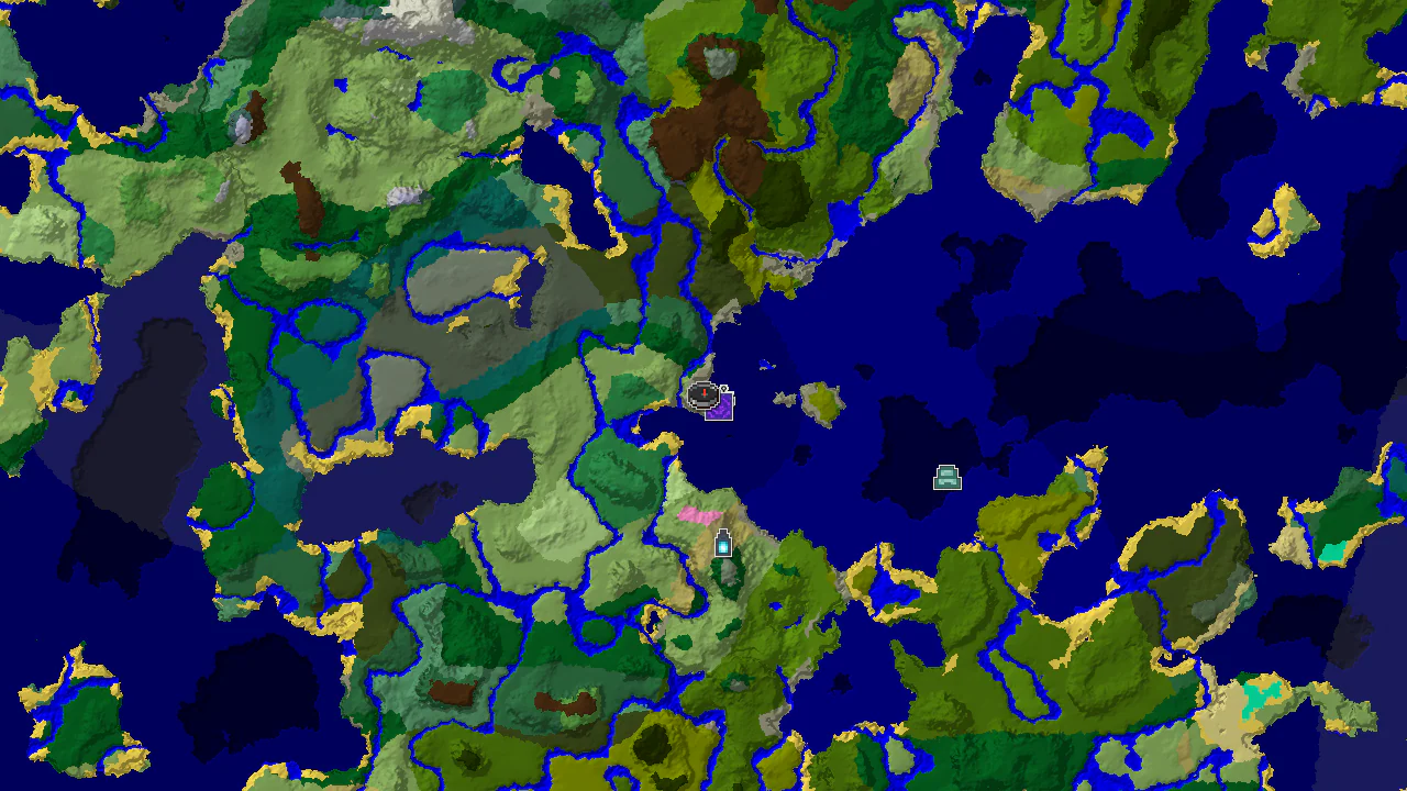 A top-down 2D biome map centered on spawn, showing plains, ocean, and forest, with markers for a ruined portal and a shipwreck.