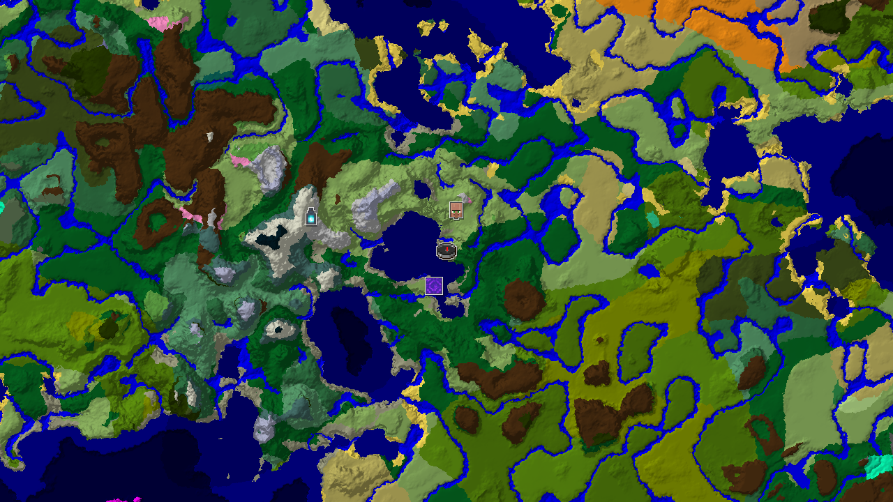 A 2D biome map centered on spawn, showing plains, forests, and oceans, with markers for a village, ruined portal, and ancient city.