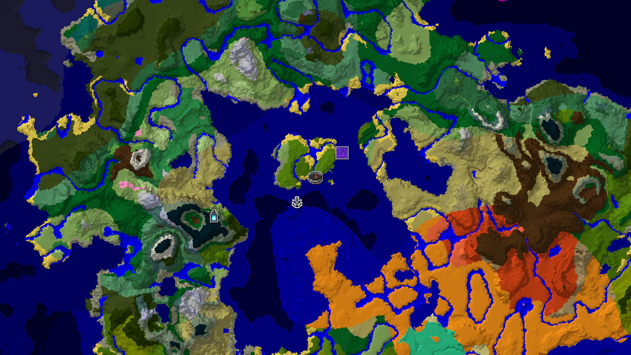 A top-down 2D biome map centered on spawn, showing a large ocean area, sparse jungle, and markers for a shipwreck and ruined portal.